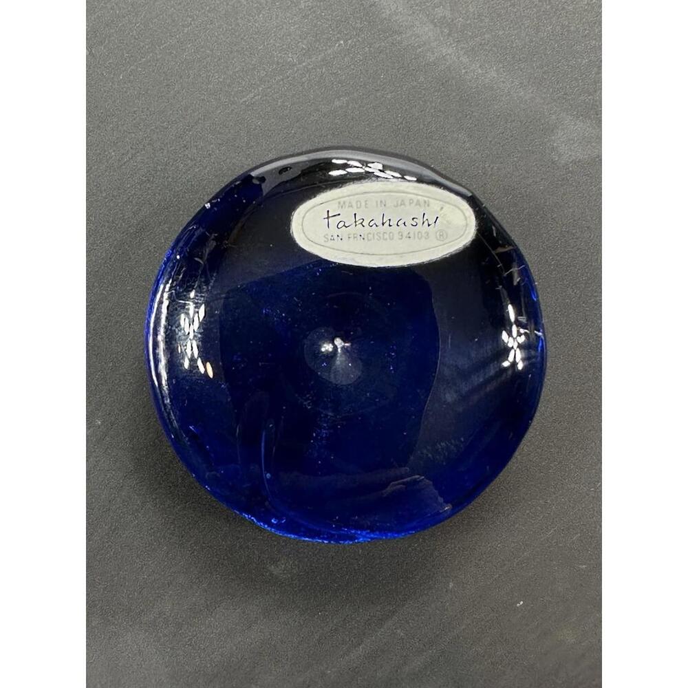 Vintage Takahashi Cobalt Blue Round Art Glass Puck Paperweight Vibrant Japan